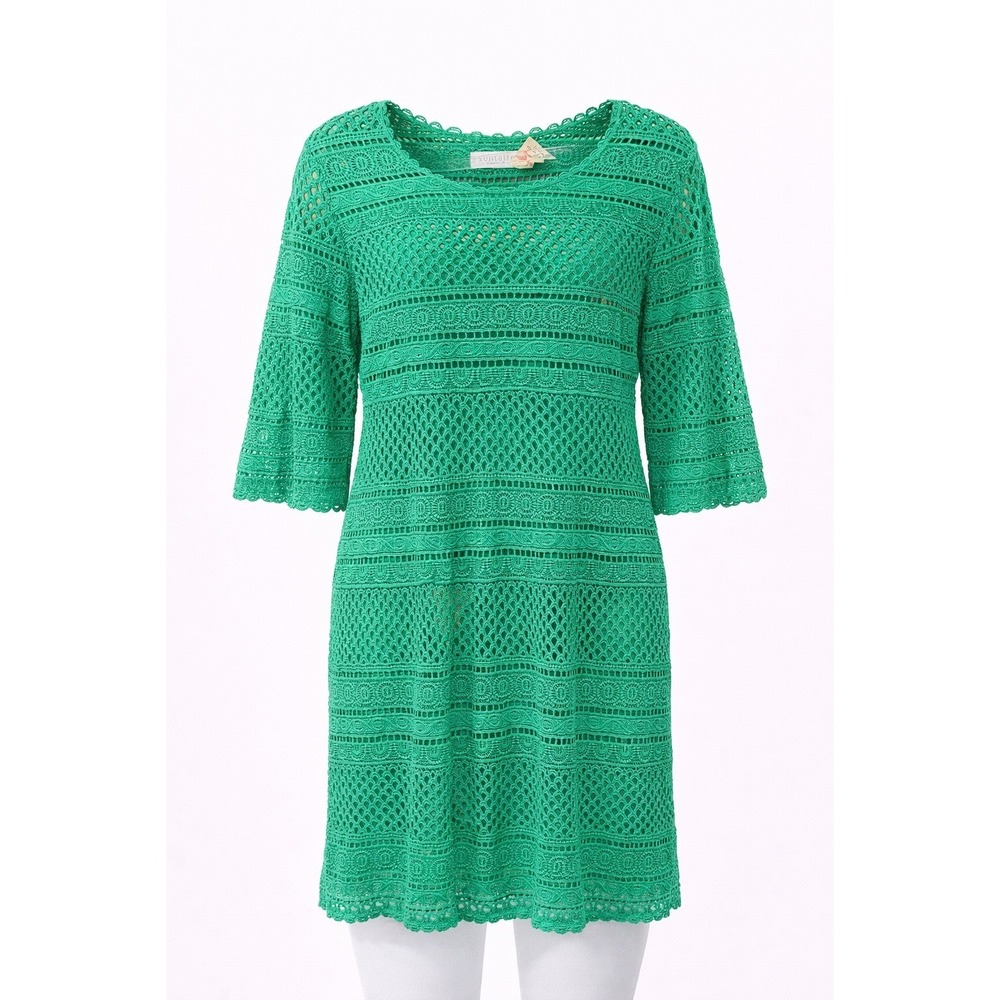 Solitaire Ravi Khosla Green Crochet Tunic Top 3/4 Sleeve Scalloped Boho Womens L